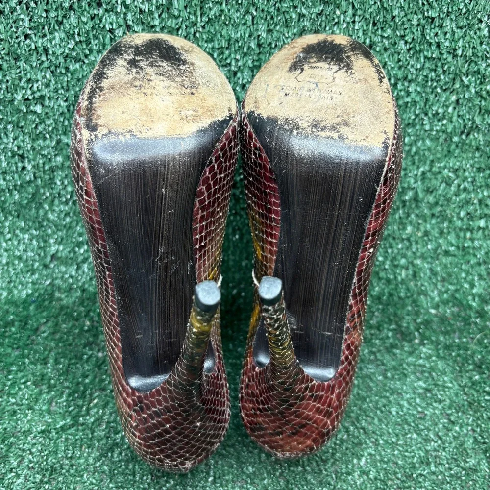 Stuart Weitzman Victoria Python Peep Toe Pumps Stiletto Heel Brown Women Sz 7.5M